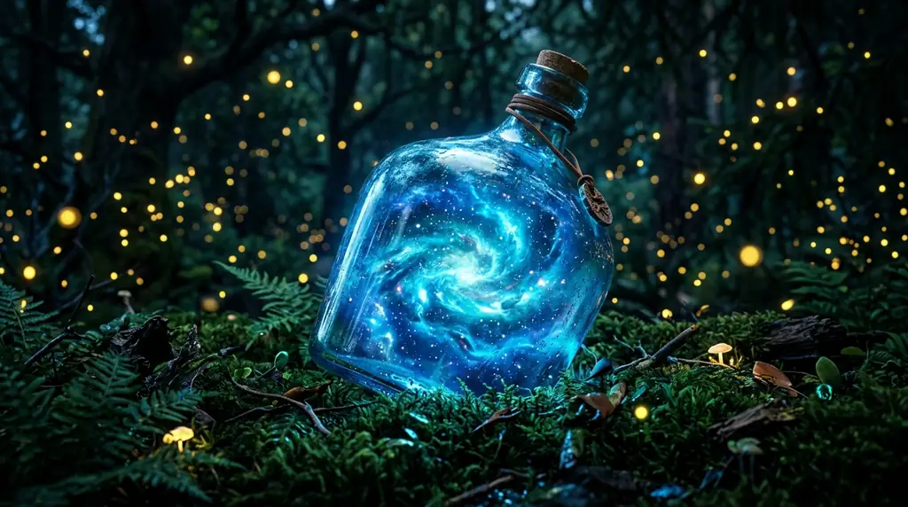 Glowing vial in forest